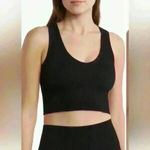 90 Degrees by Reflex Black Cropped Ribbed Ruffle Tank Top OS